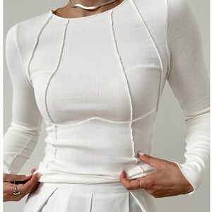 Commense Basic Piping White Long Sleeve Top NWT